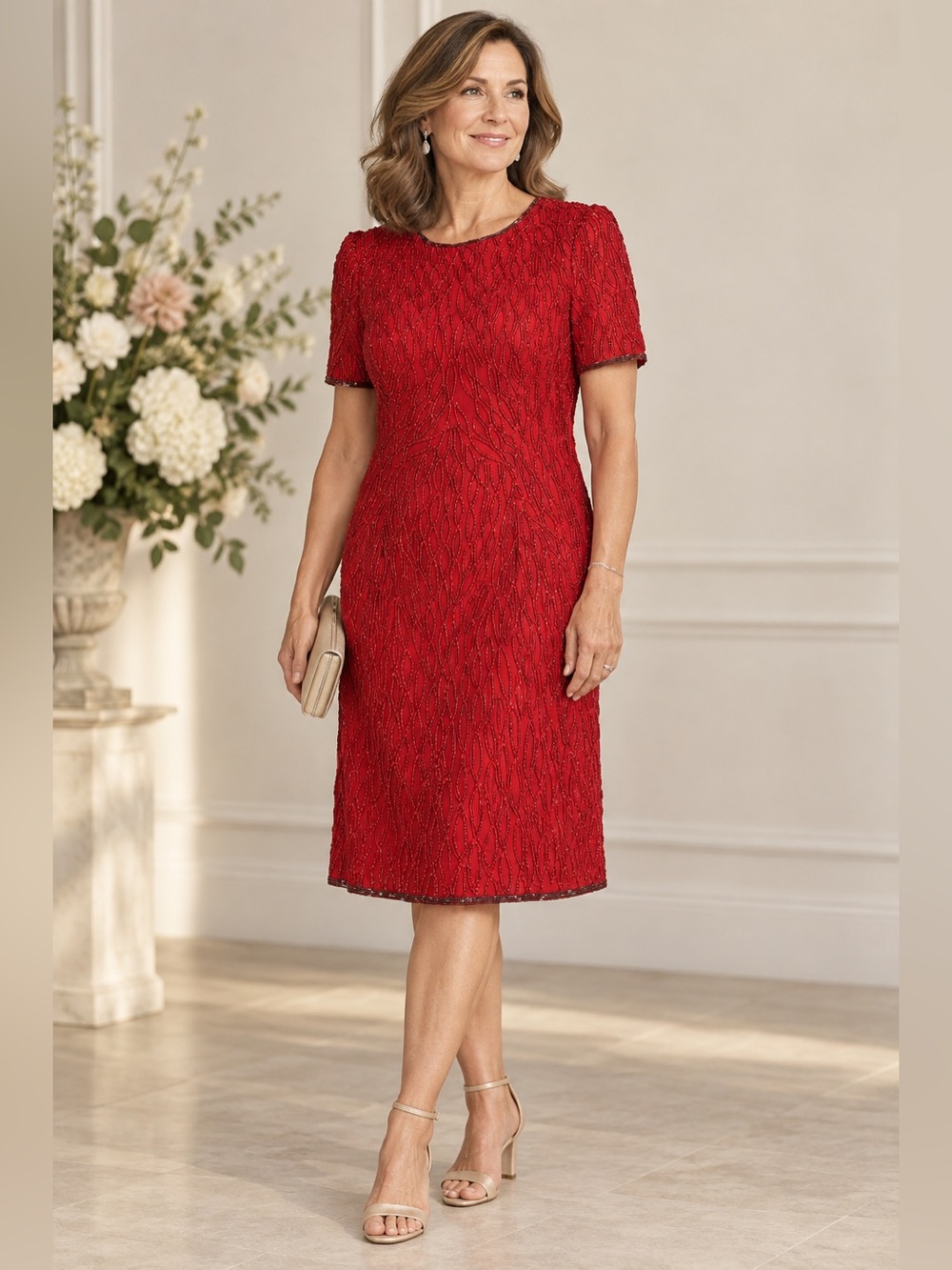 Red Beaded Short Sleeve Women's Dress • size XL